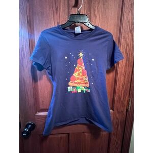 Port & Company Navy Blue Pizza Christmas Tree Graphic T-Shirt Womens Medium